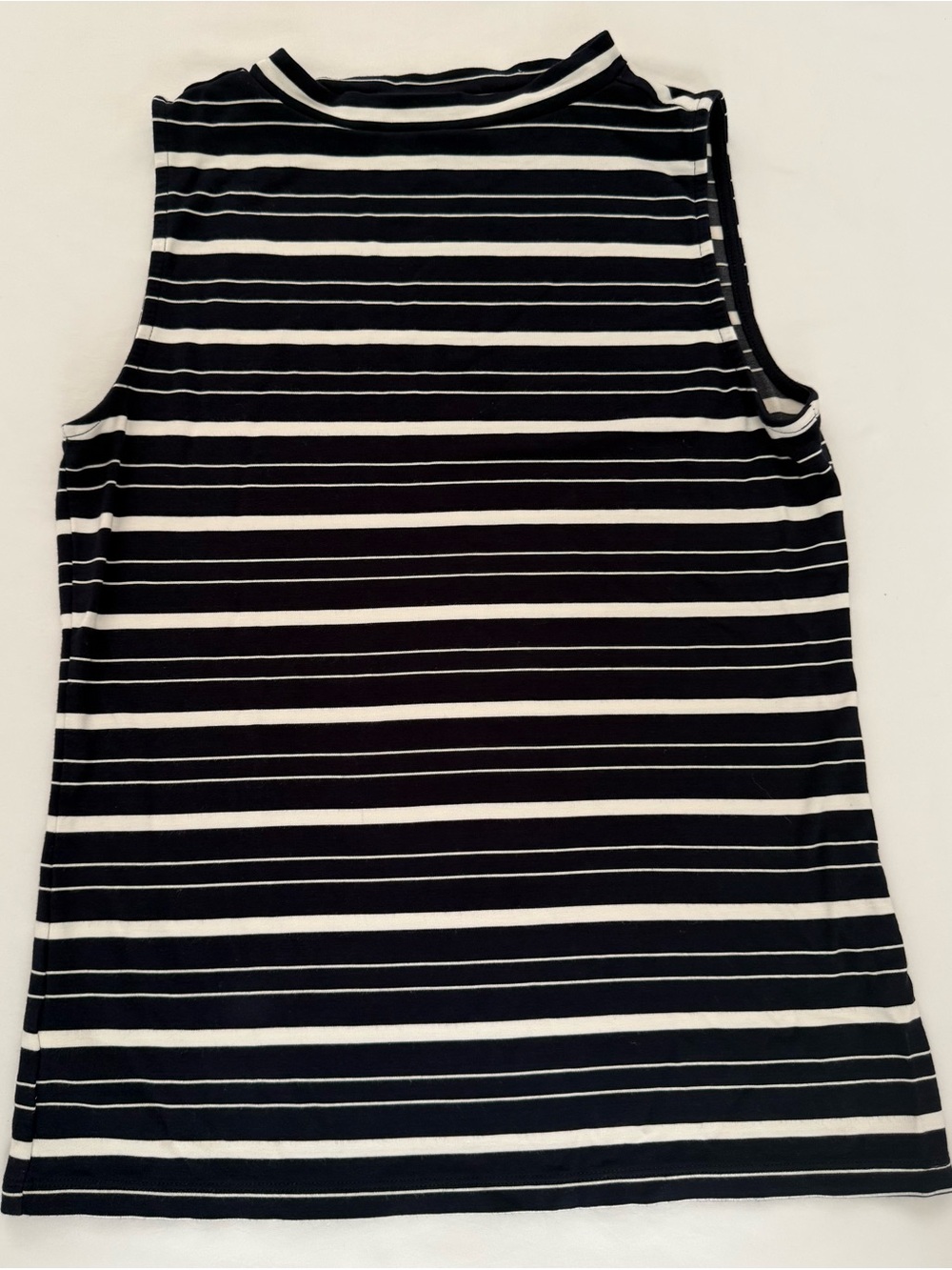 Ann Taylor Navy Blue & White Striped Mock Neck Tan